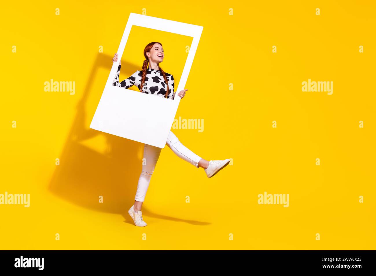 Full length portrait of charming overjoyed person hold set album card ...