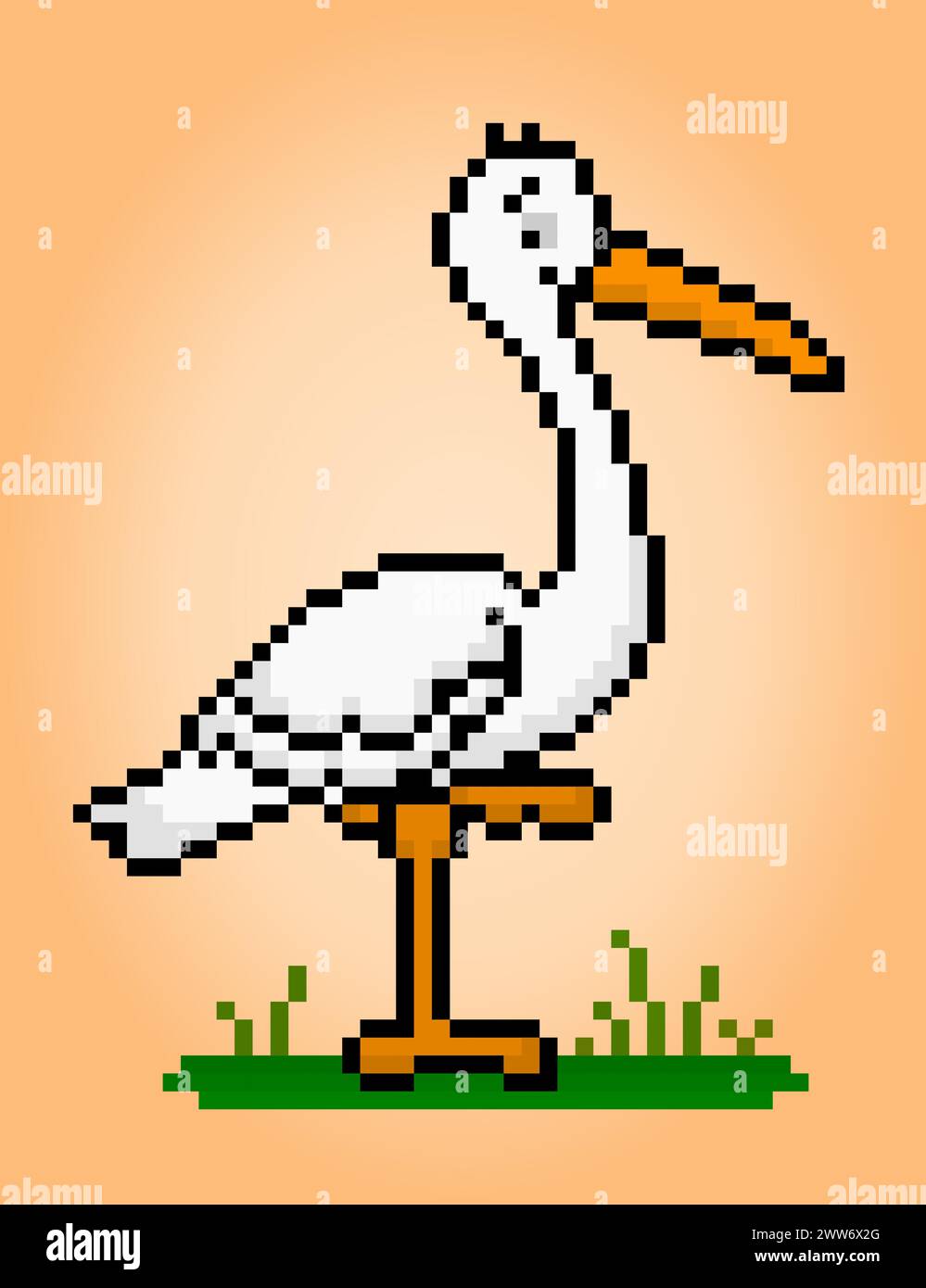 8 bit pixel of a stork. Animal pixel art for game assets and cross stitch patterns in vector illustrations. Stock Vector