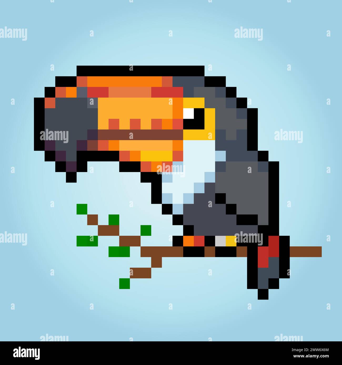 8 bit pixel toucan bird. Animal pixel in vector illustrations for game assets and cross stitch patterns. Stock Vector