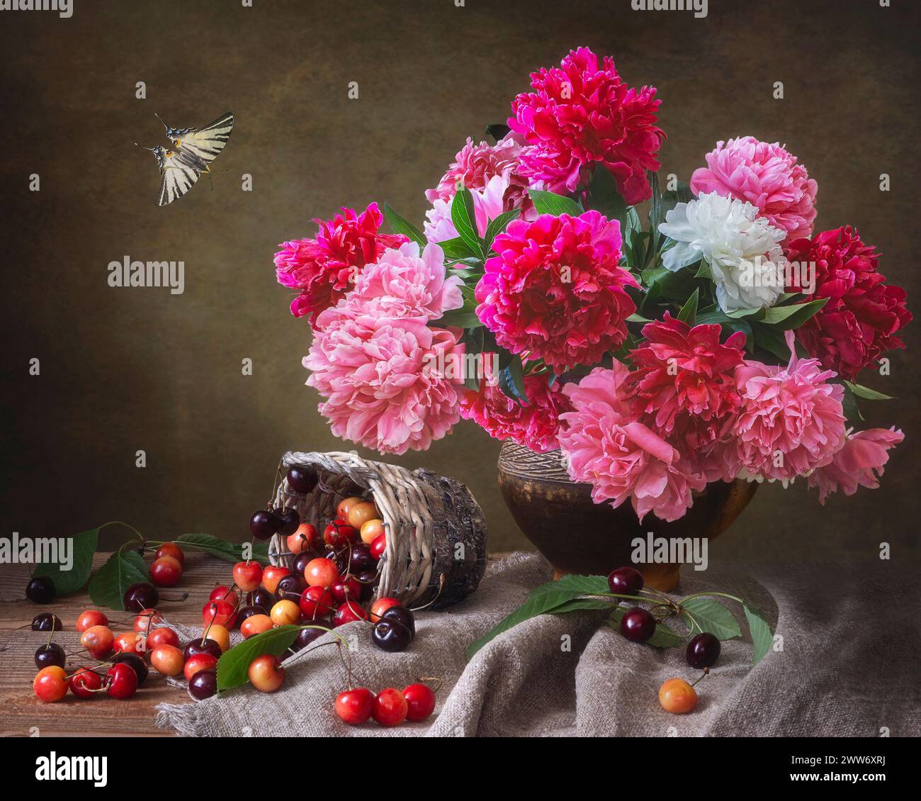 Still life with bouquet of peonies and cherry Stock Photo - Alamy
