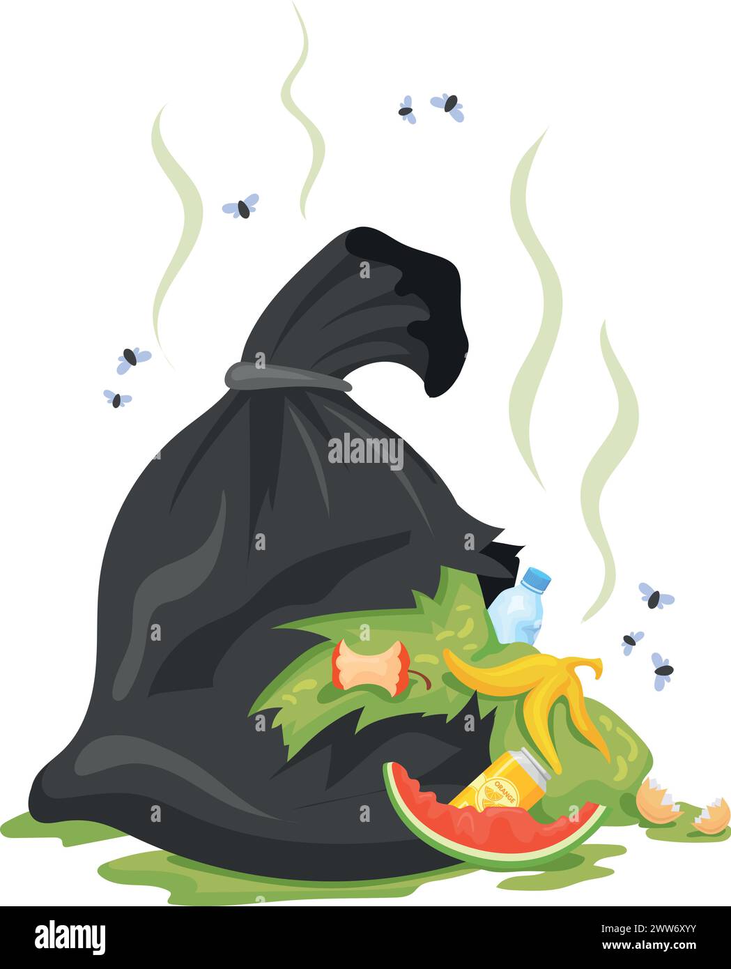Cartoon organic waste. Smelling trash black bag isolated on white background Stock Vector