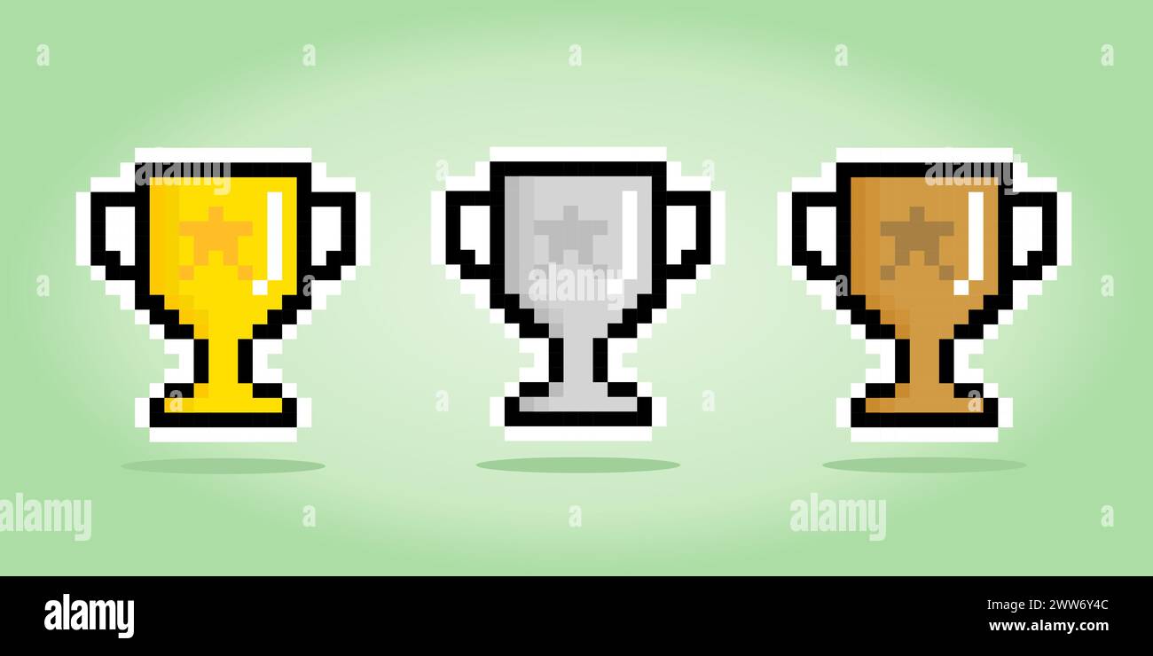8 bits pixel trophy. cup pixel in Vector illustration for game assets and cross stitch patterns. Stock Vector