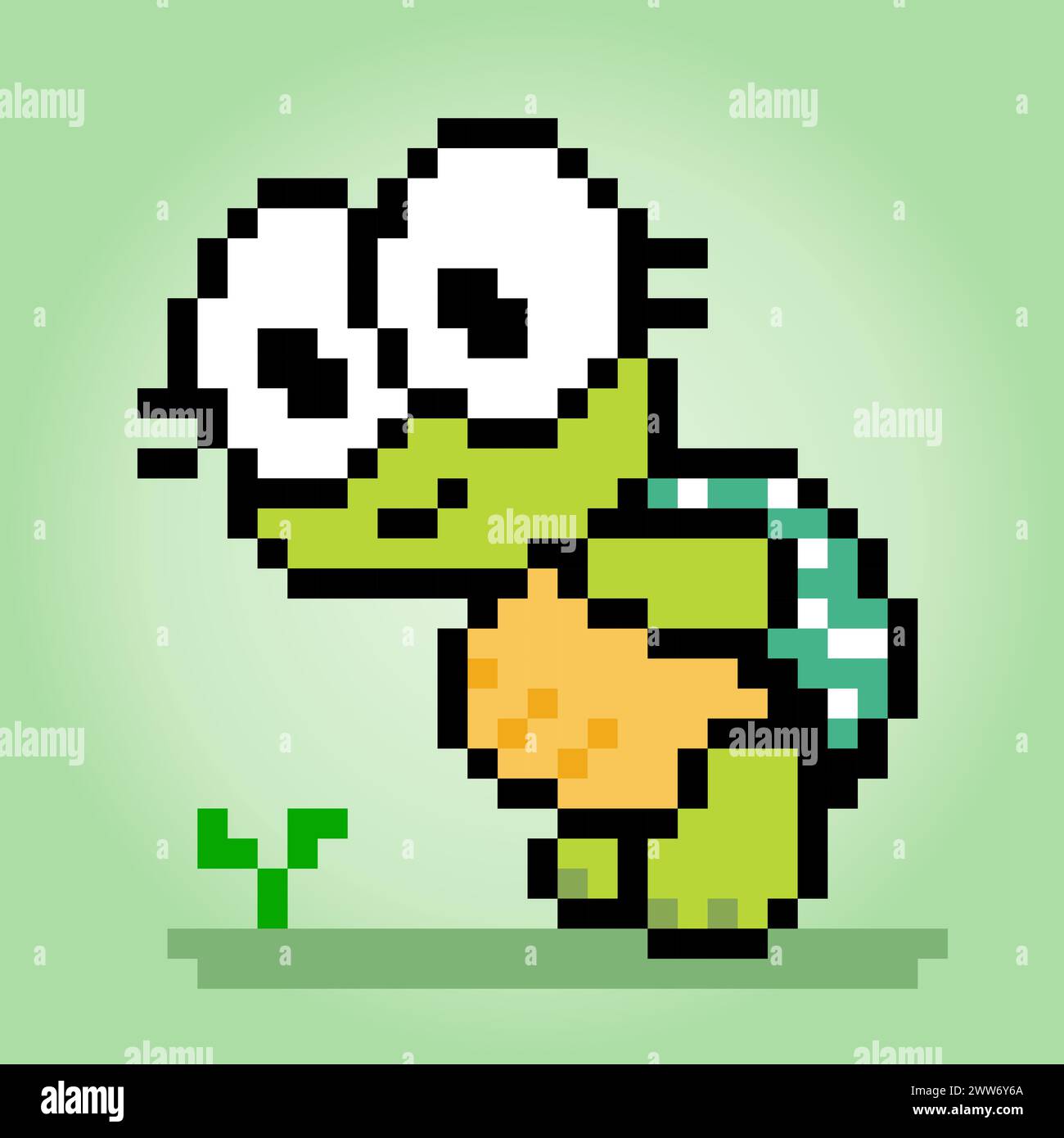 8 bit Pixel turtle saw a plant. Animal pixels in Vector illustration