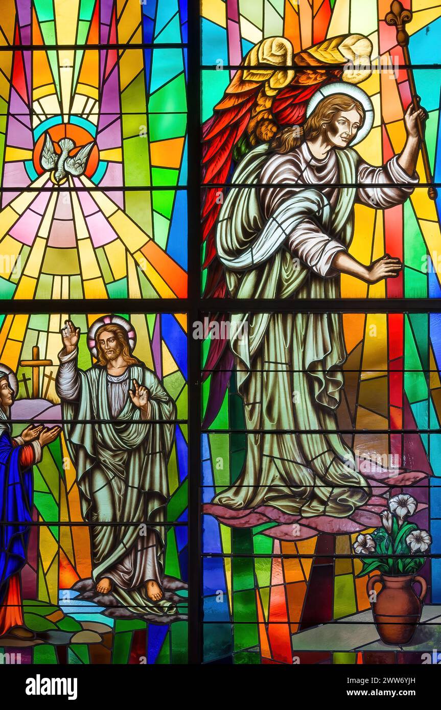 Religious saints art in stained glass painting or mural, Annunciation Catholic Church, Toronto, Canada Stock Photo