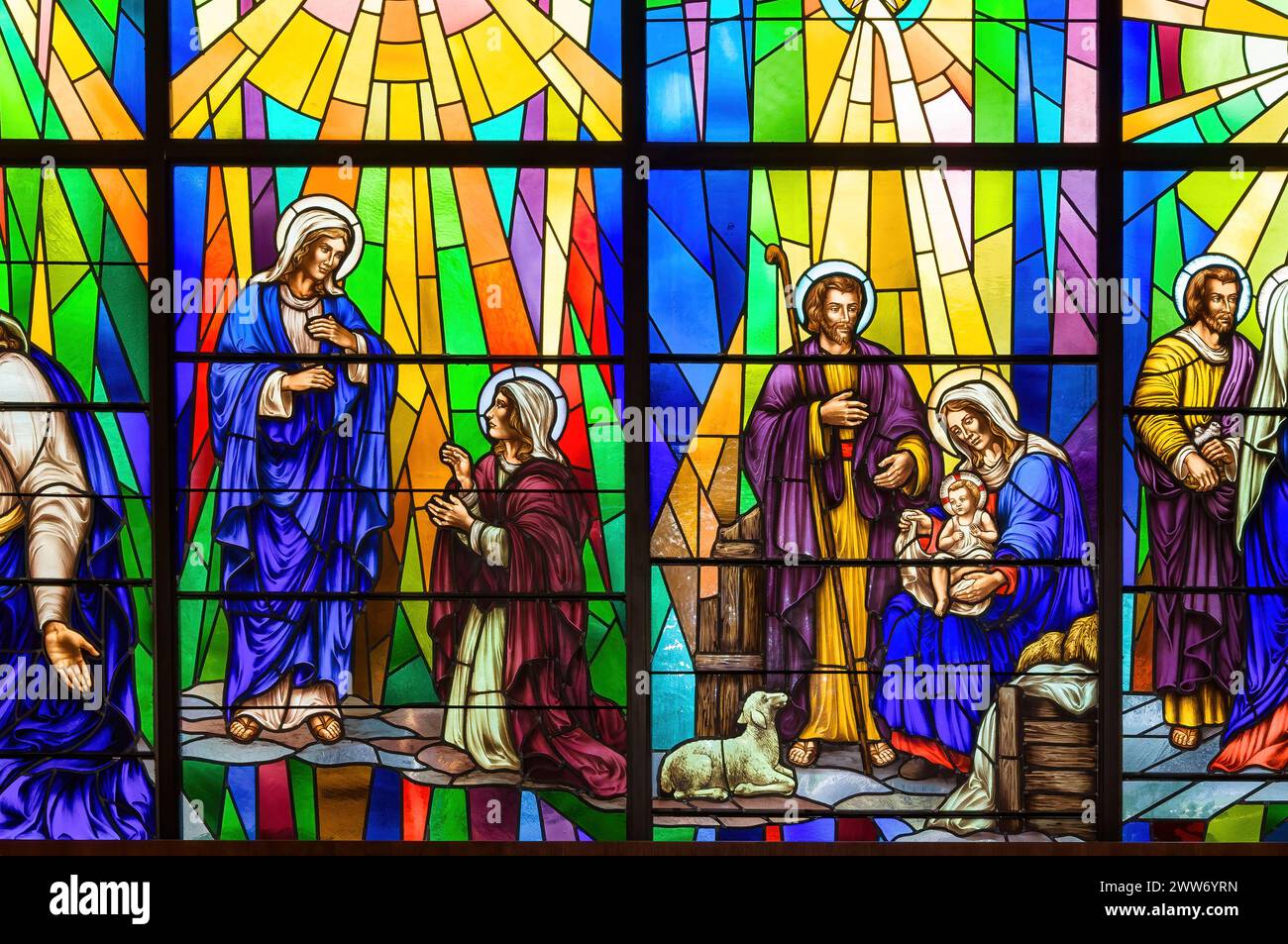 Nativity art stained glass window or mural, Announciation Catholic Church, Toronto, Canada Stock Photo