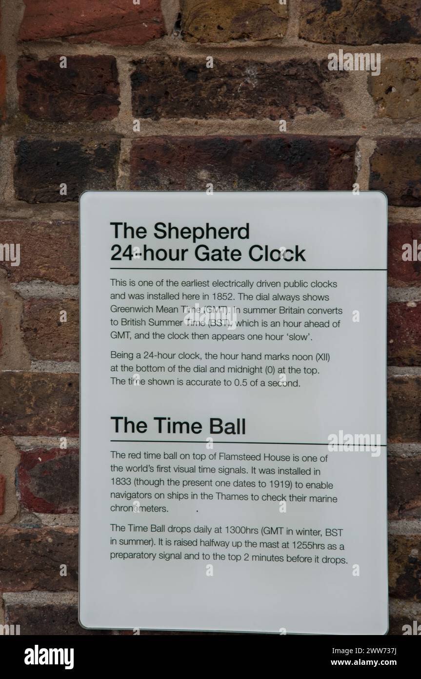 Notices explaining the Shepherd 24-hour Gate Clock and the Time Ball, Royal Observatory,  Greenwich, South London, UK Stock Photo