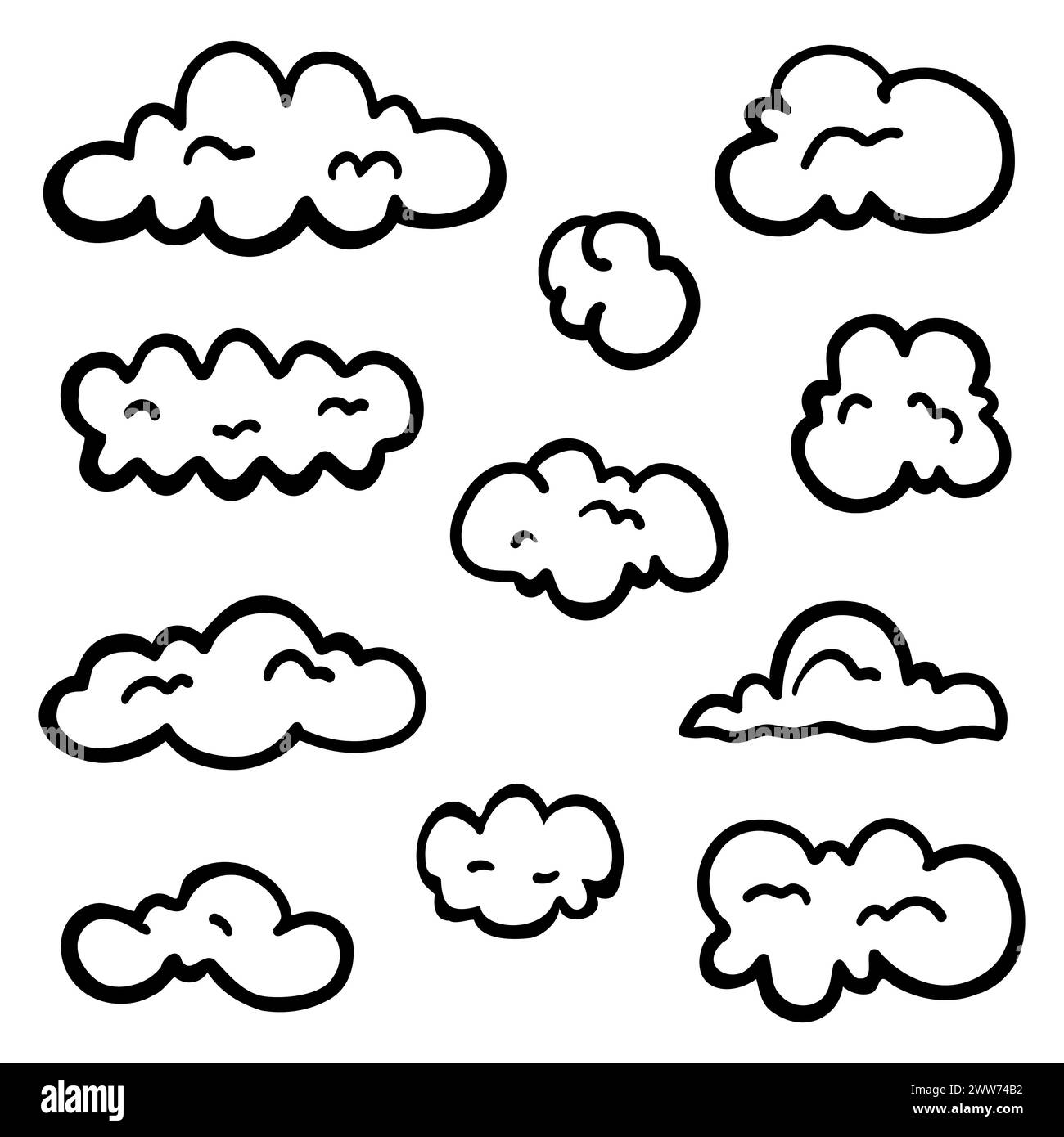 Vector doodle abstract of clouds thin black line set of clouds in vector illustration Stock Vector