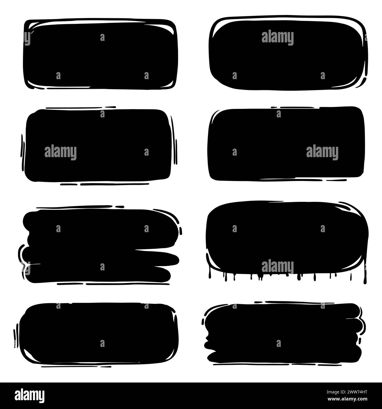 Vector Brush strokes. Grunge design elements. Paintbrush set. Rectangle text boxes. banners. Ink splatters. Grungy painted objects. Stock Vector