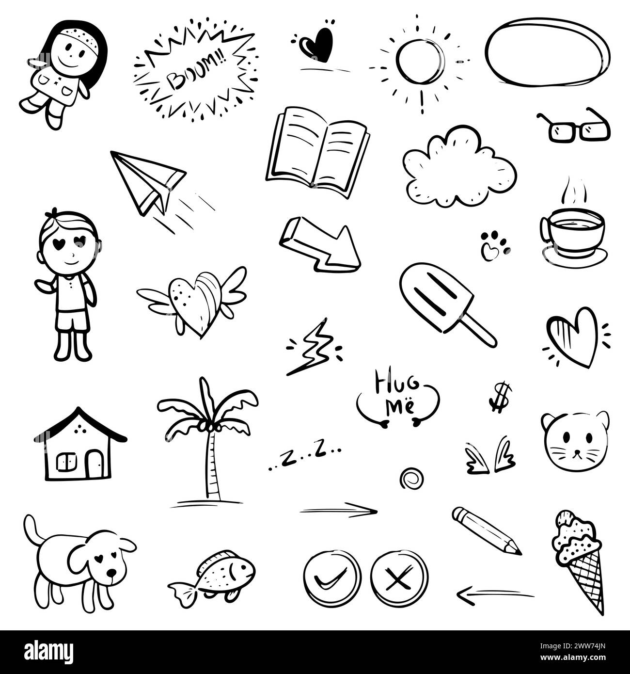 Hand drawn abstract thin line doodle set, in Vector illustration Stock Vector