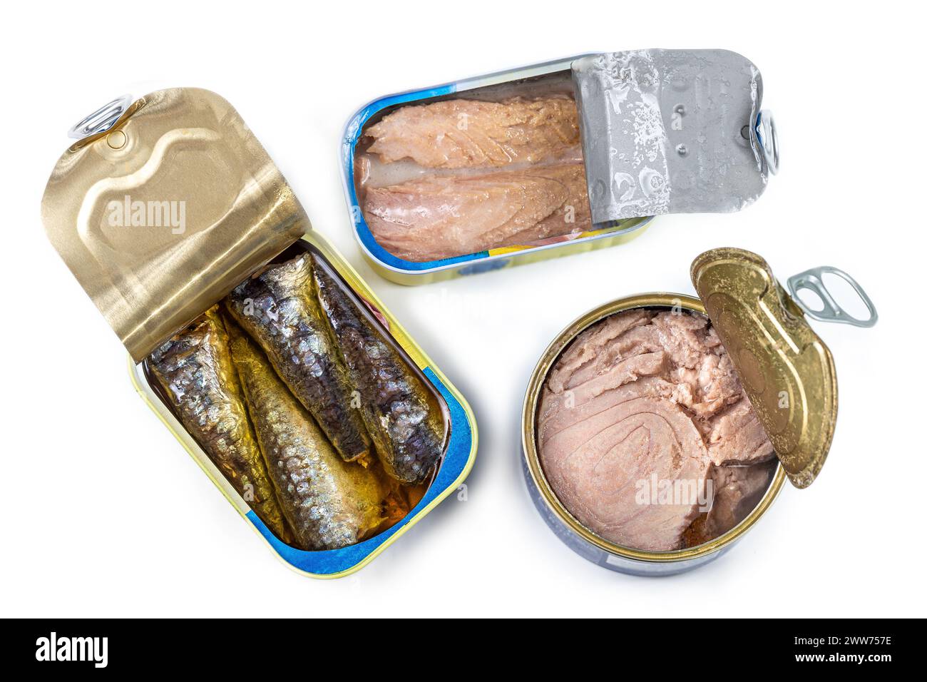 Cans of tuna and sardines opened top view. Stock Photo