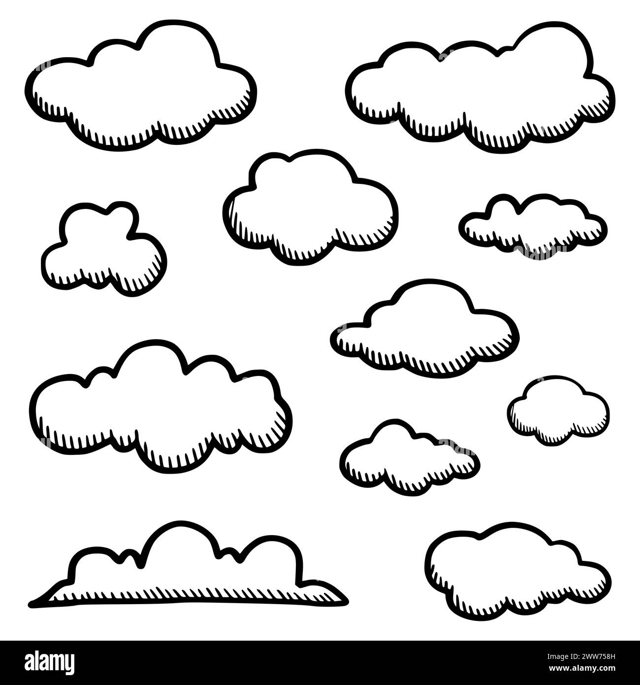 Doodle abstract of clouds. Thin Black Line Set of clouds in Vector illustration Stock Vector