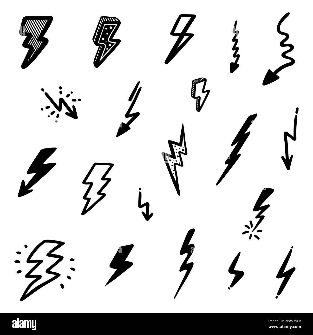 Doodle abstract thunder. Thin Black Line Set of lightning in Vector illustration Stock Vector