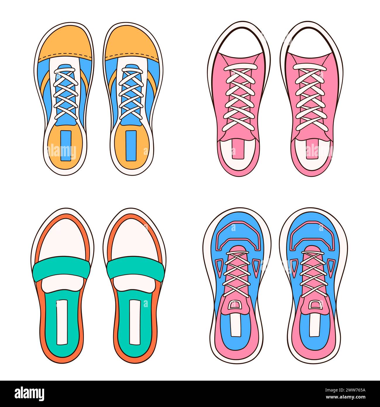 Female, women sneakers set in cartoon style. Hand drawn casual shoes icon. Vector illustration isolated on a white background. Stock Vector