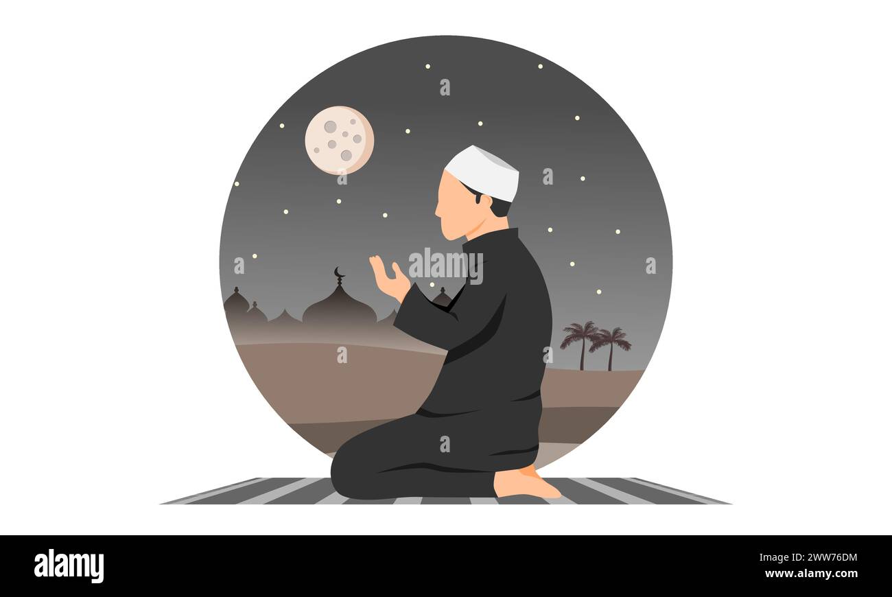 A Muslim man praying at night with a mosque in the desert in the ...