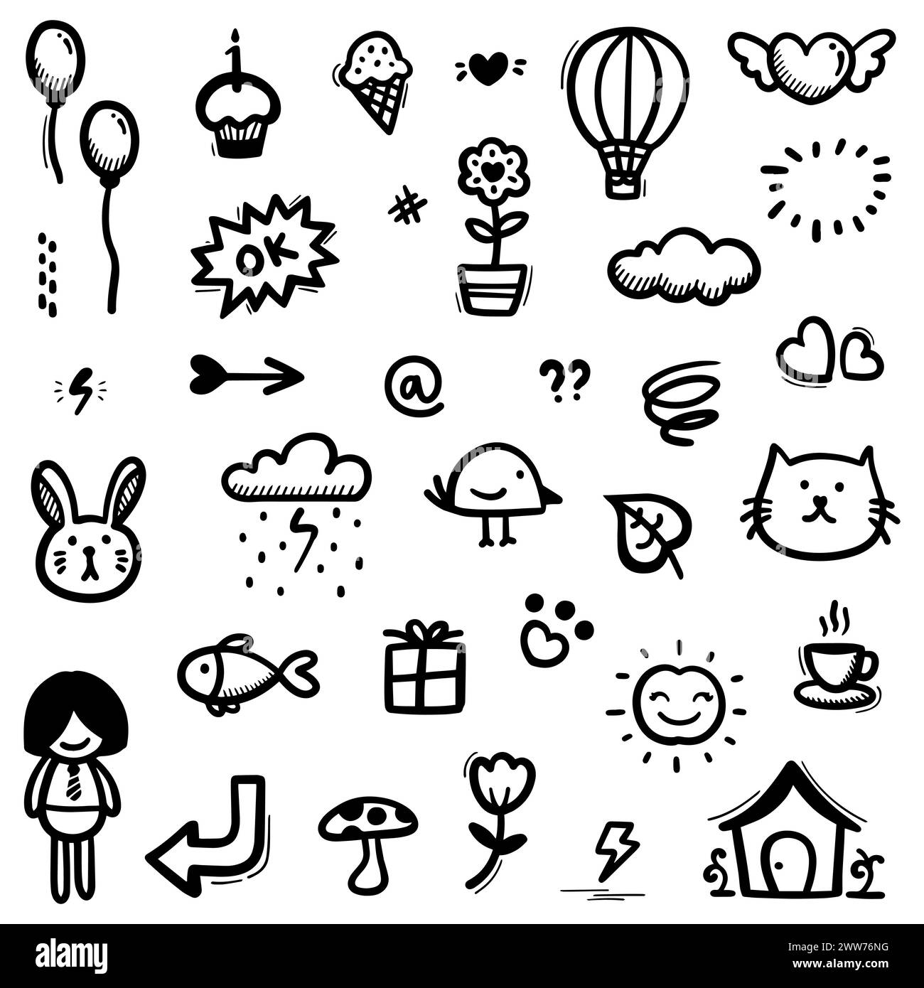 hand drawn Doodle abstract of Black Thin Line Set Include of objects and nature in Vector illustration Stock Vector