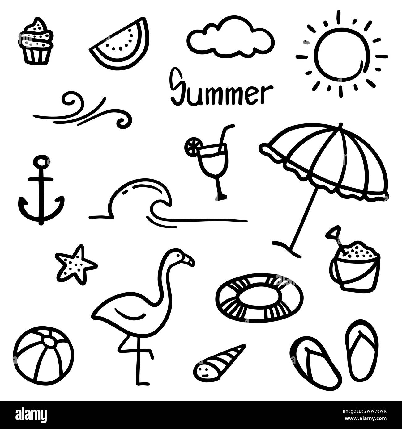 Hand drawn summer theme. Thin black line abstract doodle beach vacation