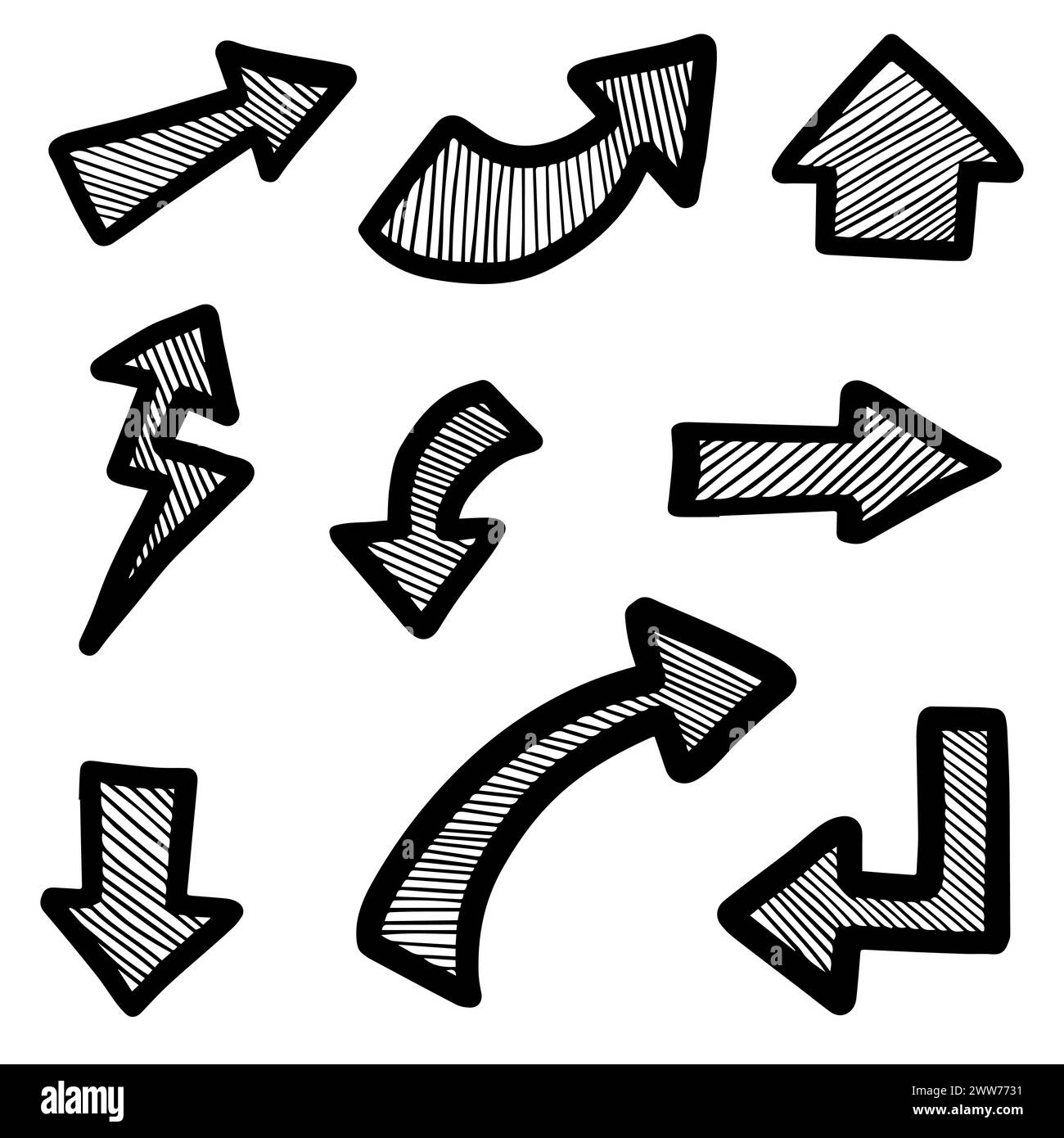 Doodle arrows are hand drawn with lots of collectibles inside Stock Vector