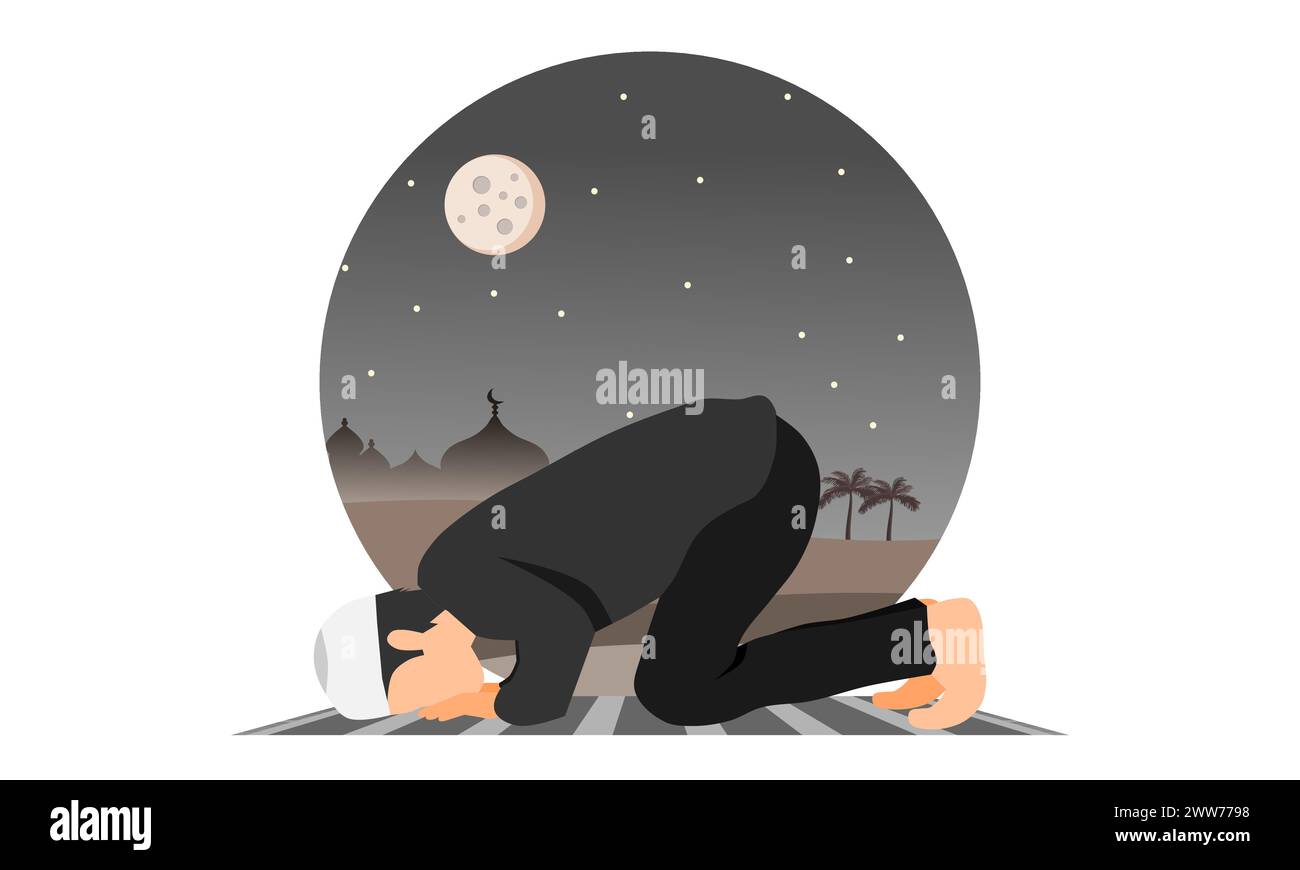 A Muslim man in prostration prayer position on prayer mat at night with a mosque in the desert in background . Vector illustration. Stock Vector