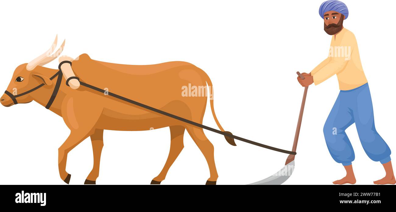 Indian man ploughing. Cartoon bull rural agriculture isolated on white