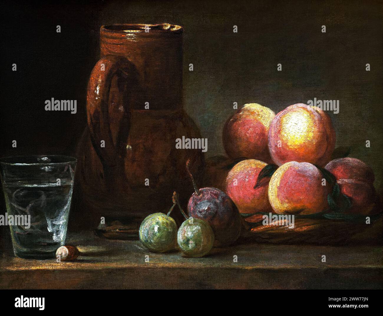 Fruit, Jug, and a Glass (ca. 1726–1728) by Jean Siméon Chardin. Stock Photo