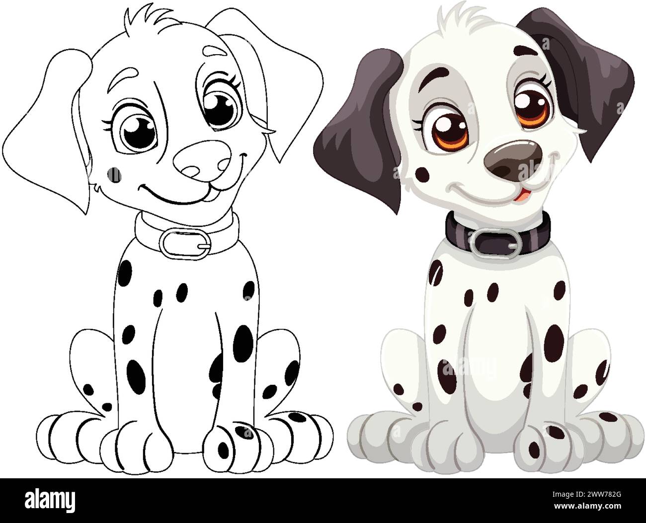 Two cute spotted Dalmatian puppies smiling. Stock Vector
