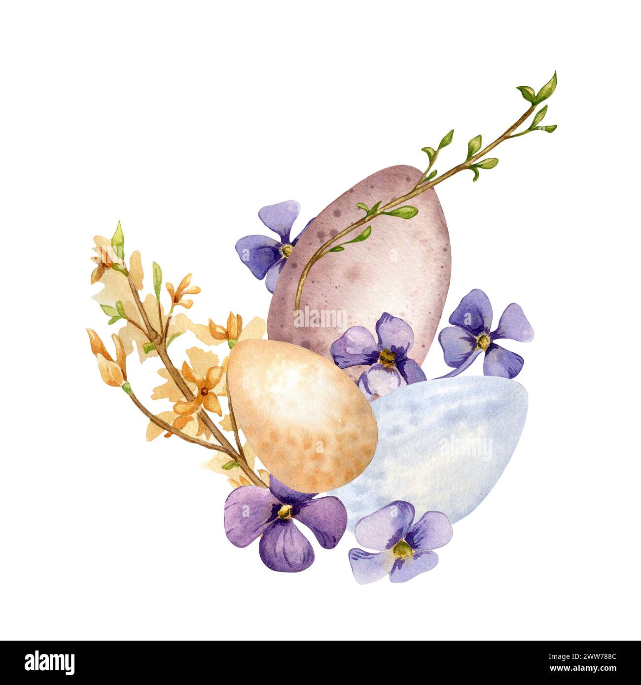 Easter watercolor illustration with colorful eggs and spring flowers ...