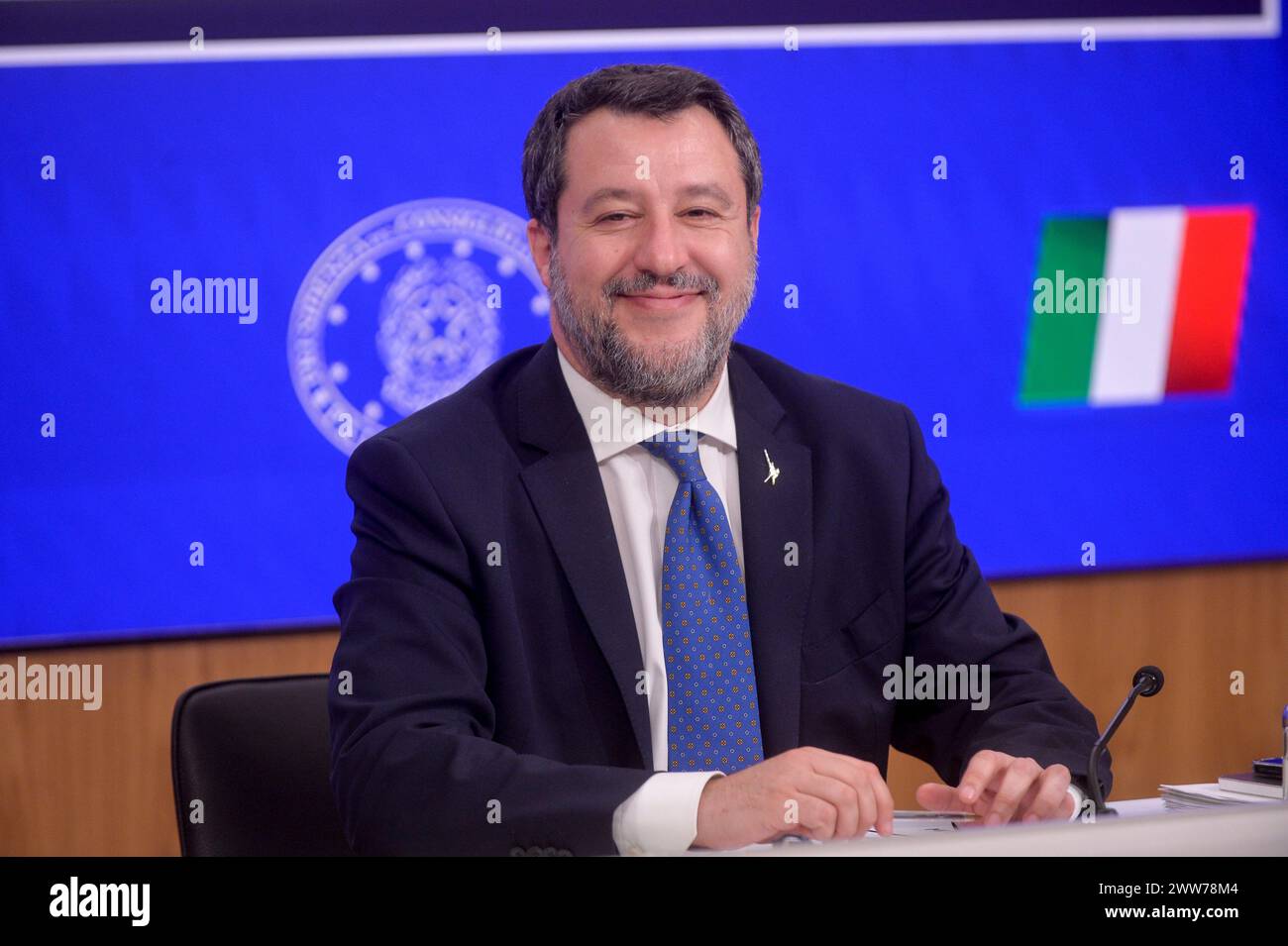 Italy, Rome, March 21, 2024 : Chigi Palace, presentation of the Programme Contract between the Ministry of Transport and Anas (National Autonomous Company of State Roads). In the picture Matteo Salvini, Minister of Transport and Infrastructure.    Photo © Stefano Carofei/Sintesi/Alamy Live News Stock Photo