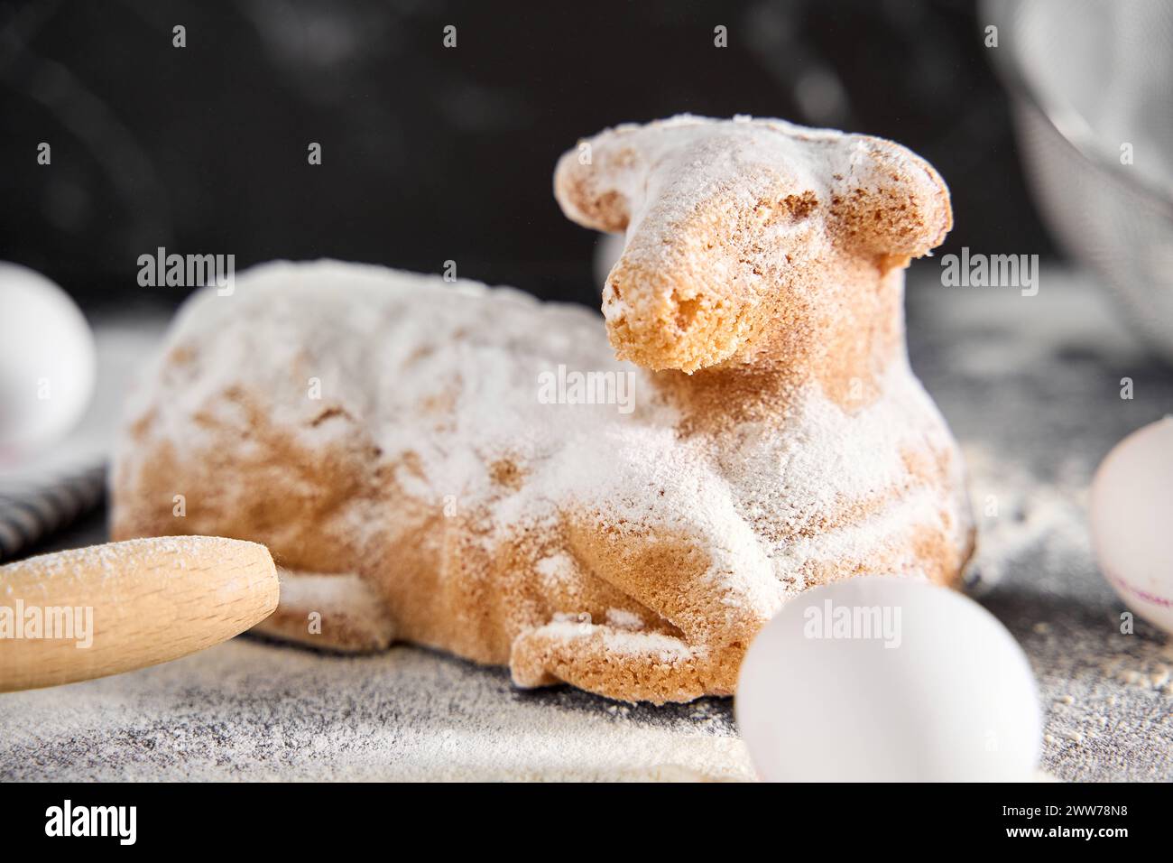 Augsburg, Bavaria, Germany - March 22, 2024: Traditional Easter lamb as a cake for Easter. Baking concept with flour, eggs *** Traditionelles Osterlamm als Kuchen zu Ostern. Backen Konzept mit Mehl, Eiern Stock Photo