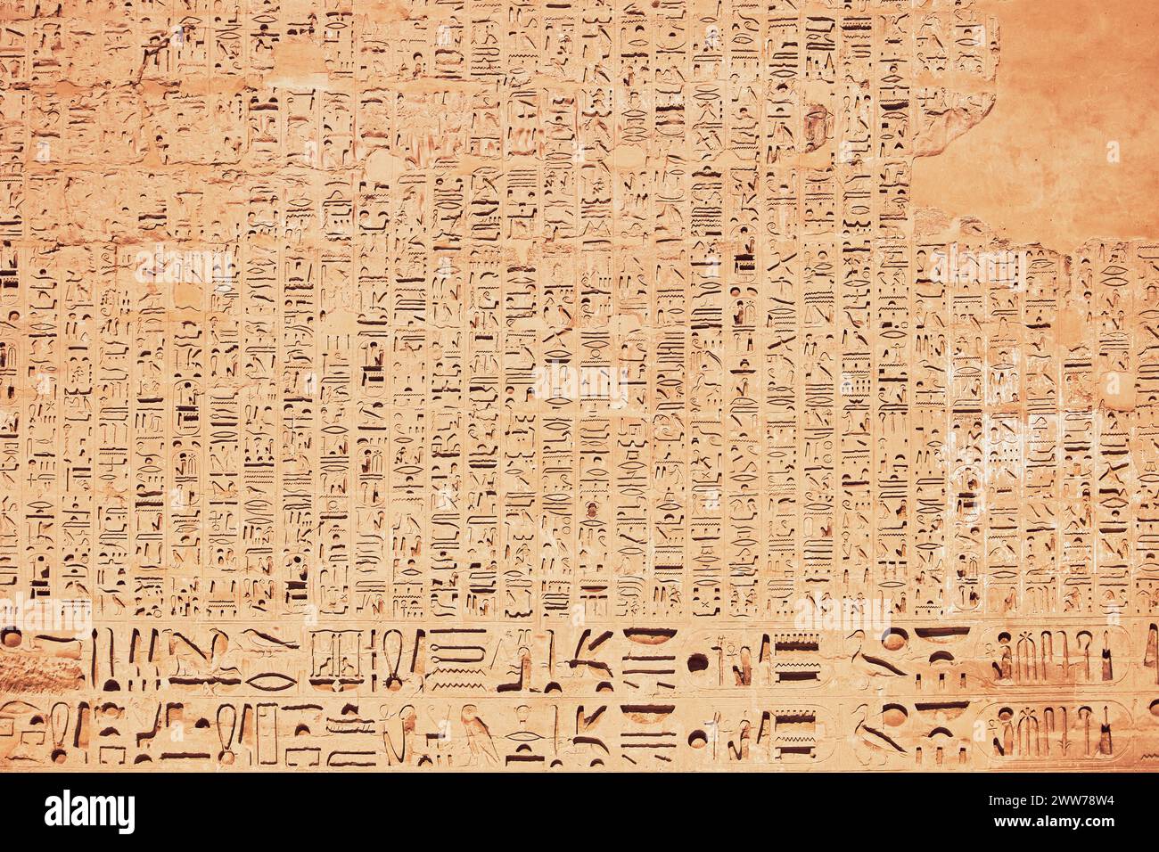 Egyptian hieroglyphs. Ancient alphabet. Historical background. Ancient Egyptian signs. Symbol of the history of the Earth. Popular Egyptian landmarks. Stock Photo