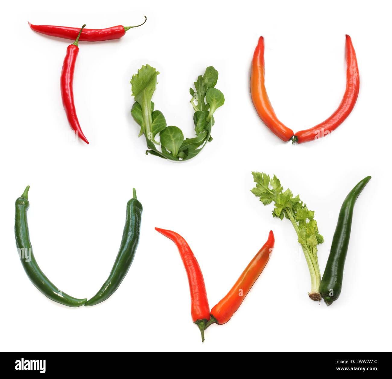 Letters t u v made from chili pepper, red, green chilies, salad lettuce leaf capital letters made of vegetables lettuce, for menu card text, cook book Stock Photo