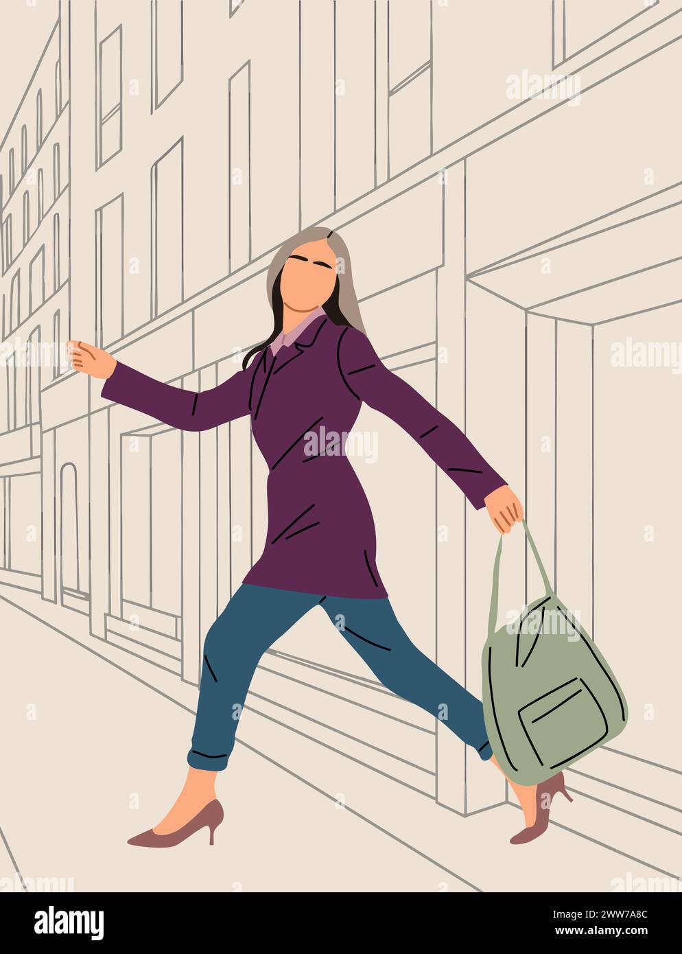 Business woman walking side view along city street. Stock Vector