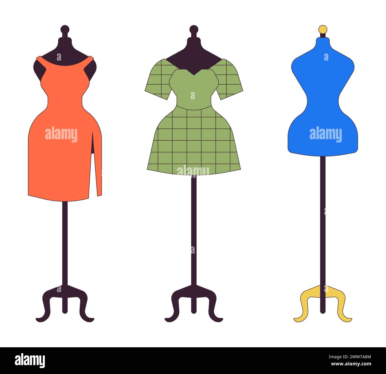 Sewing mannequin with clothes 2D linear cartoon objects set Stock