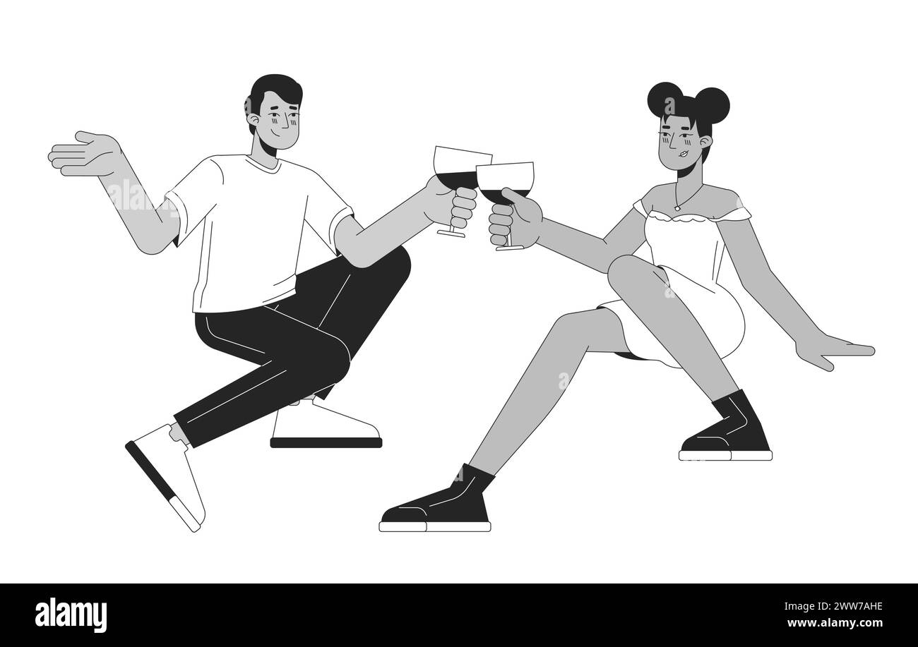 Interracial Couple Glasses Clinking Black And White 2d Line Cartoon