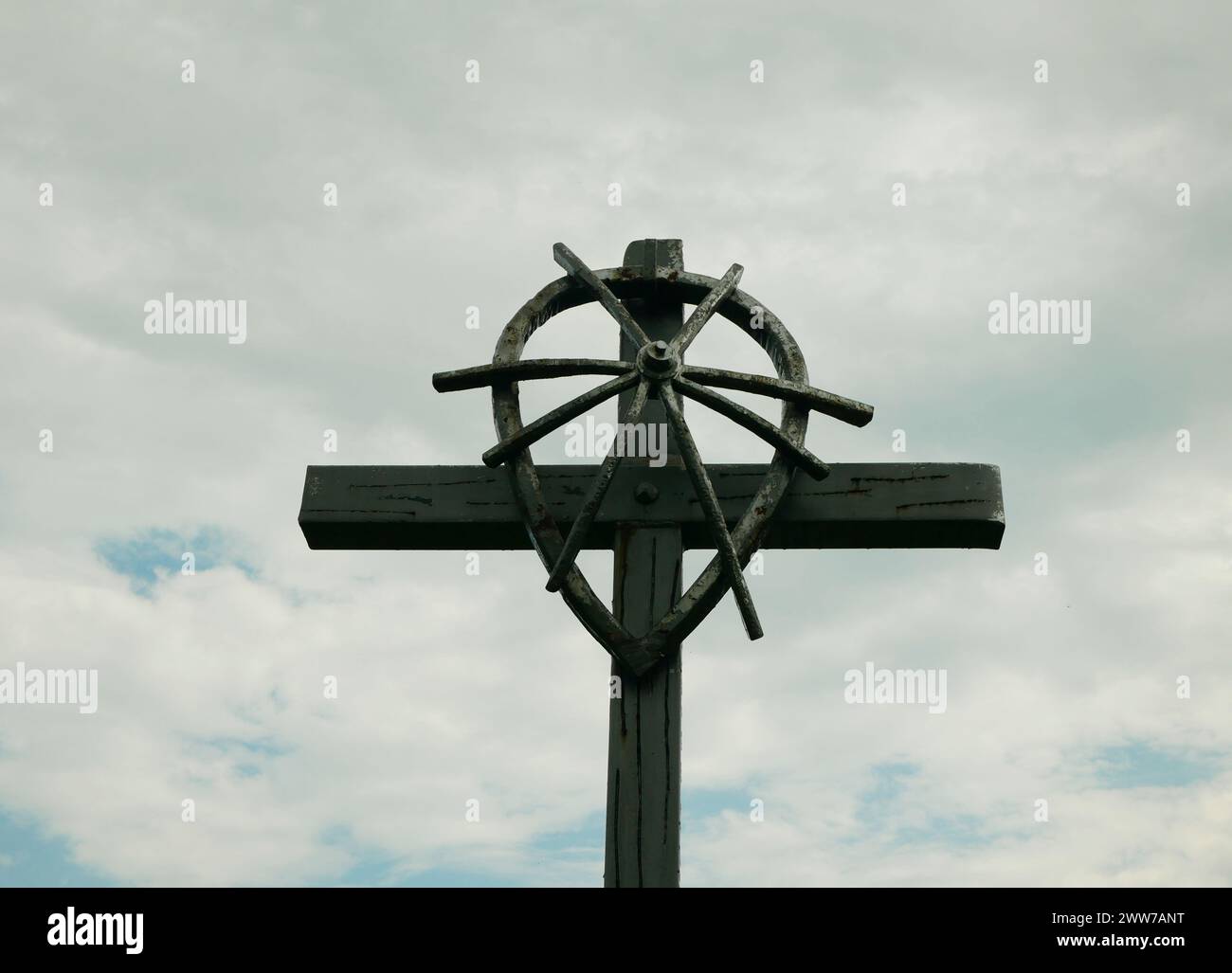Concentration camp cross memorial people tourist crucifix labour Gypsy replica barrack, monument wooden bathroom washroom memorial site view interior Stock Photo