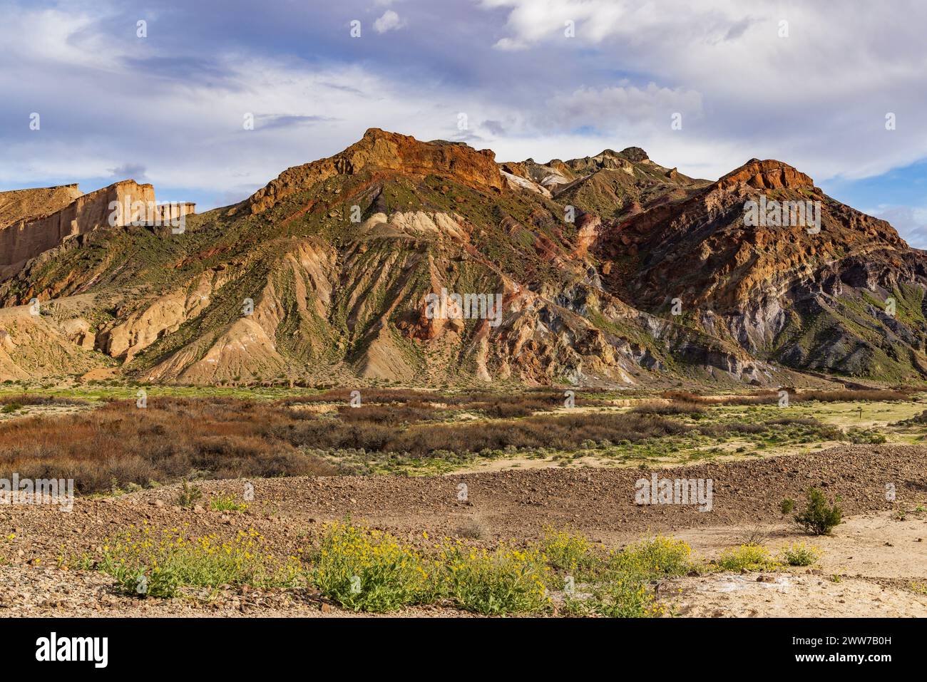This is a view of  a multi-colored Mountain seen looking south along the China Ranch Trail near Tecopa, Inyo County, California, USA. Stock Photo