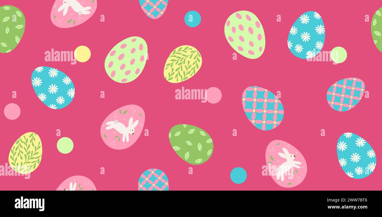 Pink background with a variety of colorful Easter eggs and dots. Larger and smaller eggs are scattered throughout the background, seamless pattern, vector illustration Stock Vector