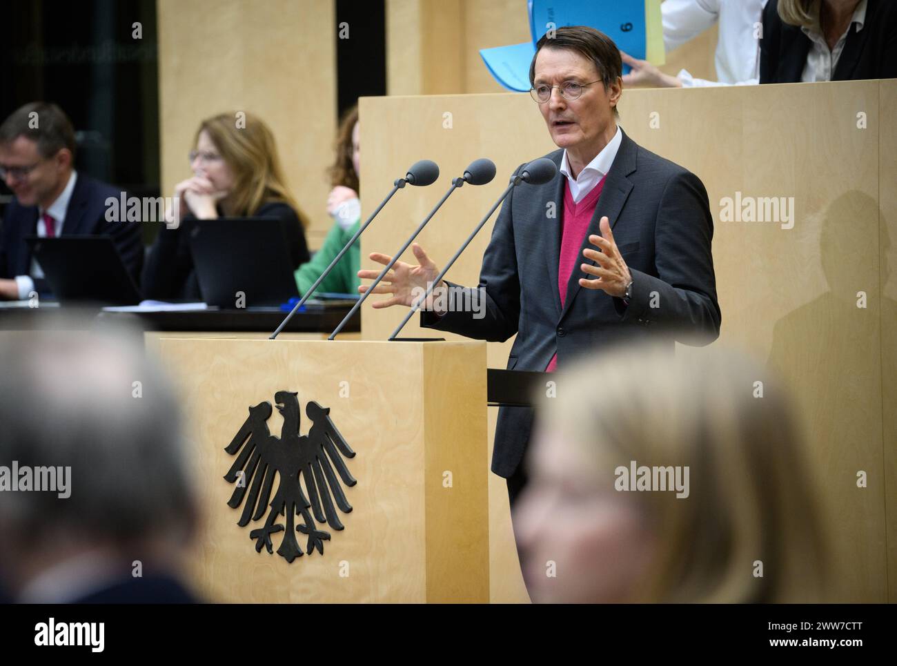 Berlin, Germany. 22nd Mar, 2024. Karl Lauterbach (SPD), Federal Minister of Health, speaks at the 1042nd plenary session of the German Bundesrat. In its second session in 2024, the federal state chamber will deal with over 60 items on the agenda, including the Cannabis Act, the Growth Opportunities Act, the Hospital Atlas on treatment quality, the law on higher ticket tax and the end of agricultural diesel. Credit: Bernd von Jutrczenka/dpa/Alamy Live News Stock Photo