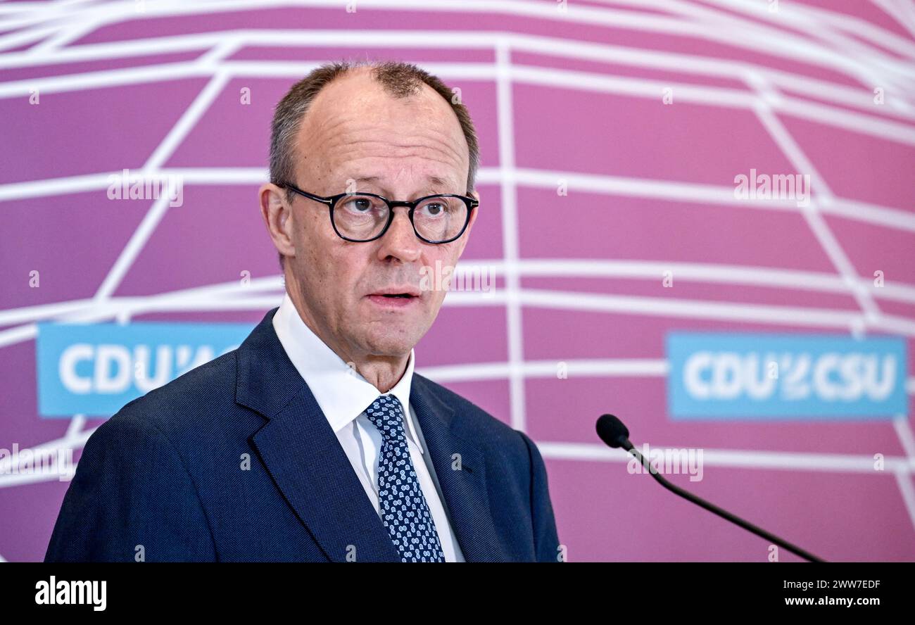 Berlin, Germany. 22nd Mar, 2024. Friedrich Merz (CDU), Chairman of the CDU/CSU parliamentary group in the Bundestag, makes a statement on the Growth Opportunities Act and other current topics. Credit: Britta Pedersen/dpa/Alamy Live News Stock Photo