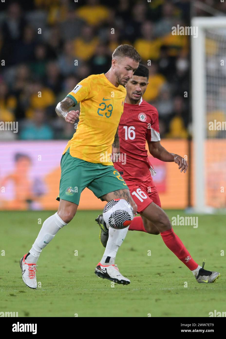 Adam Taggart (L) of Australia football team and Walid Shour (R) of Lebanon football team are seen in action during the FIFA World Cup 2026 Qualifier Round 2 match between Australia and Lebanon held at the CommBank Stadium. Final score; Australia 2:0 Lebanon. (Photo by Luis Veniegra / SOPA Images/Sipa USA) Stock Photo