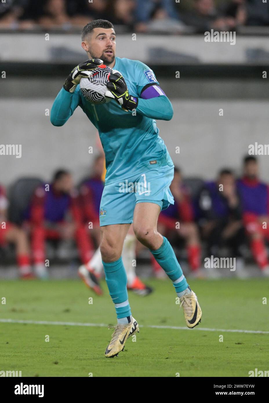 Mathew Ryan of Australia football team is seen in action during the FIFA World Cup 2026 Qualifier Round 2 match between Australia and Lebanon held at the CommBank Stadium. Final score; Australia 2:0 Lebanon. (Photo by Luis Veniegra / SOPA Images/Sipa USA) Stock Photo