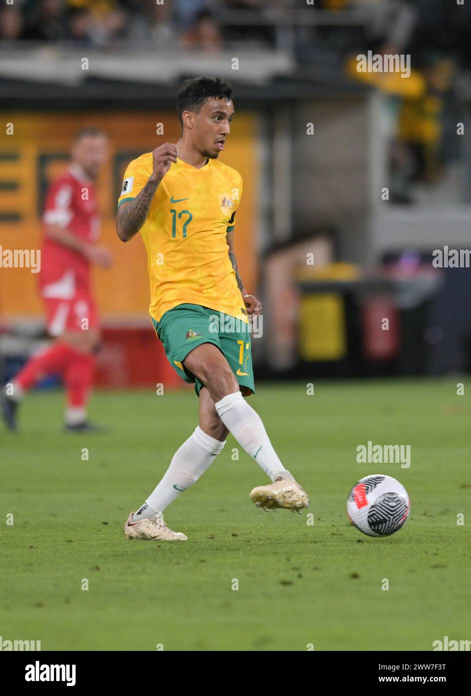 Keanu Baccus of Australia football team seen in action during the FIFA World Cup 2026 Qualifier Round 2 match between Australia and Lebanon held at the CommBank Stadium. Final score; Australia 2:0 Lebanon. (Photo by Luis Veniegra / SOPA Images/Sipa USA) Stock Photo