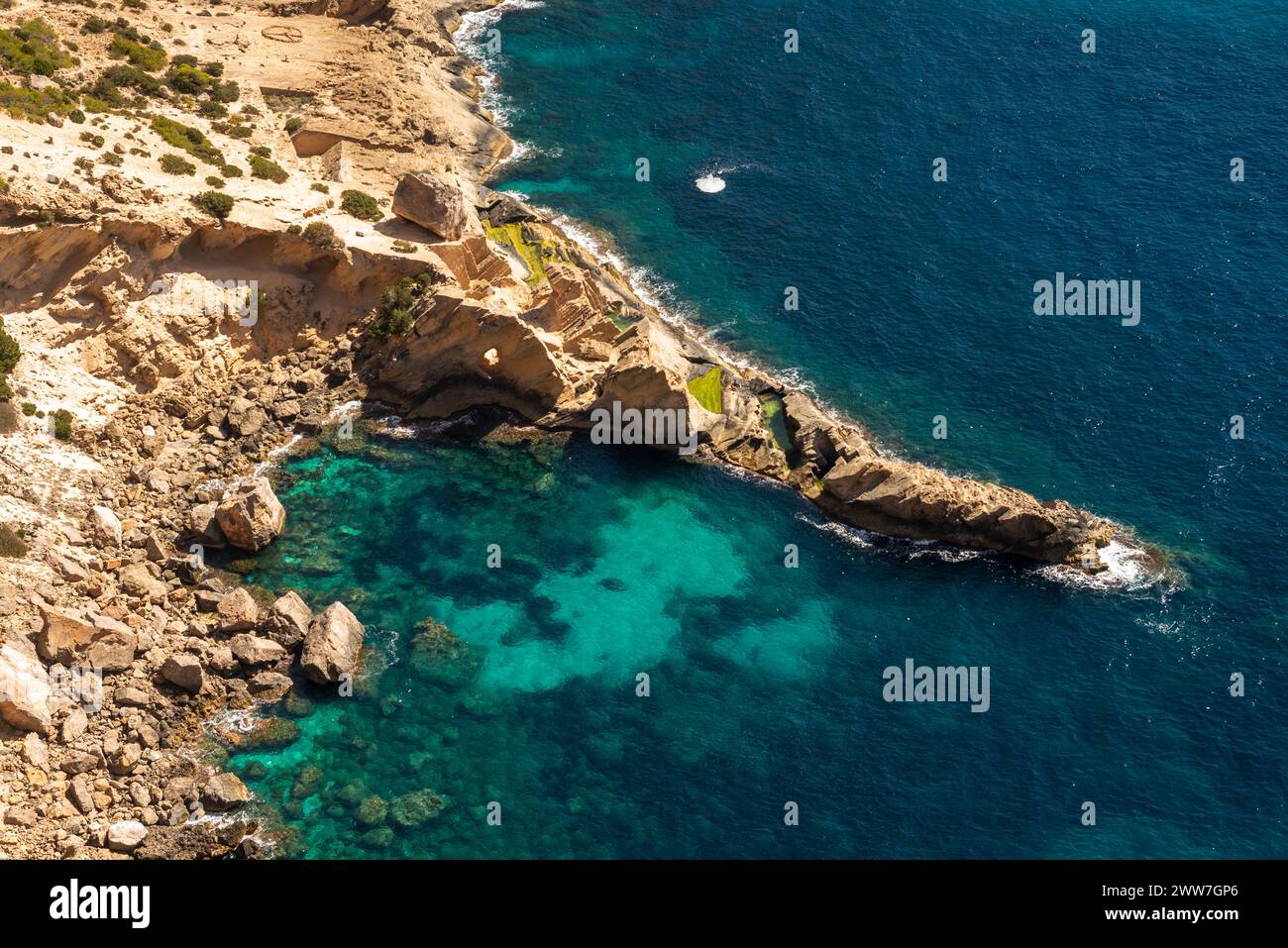 Aerial view of Atlantis natural pools and little cove, Sa Pedrera de