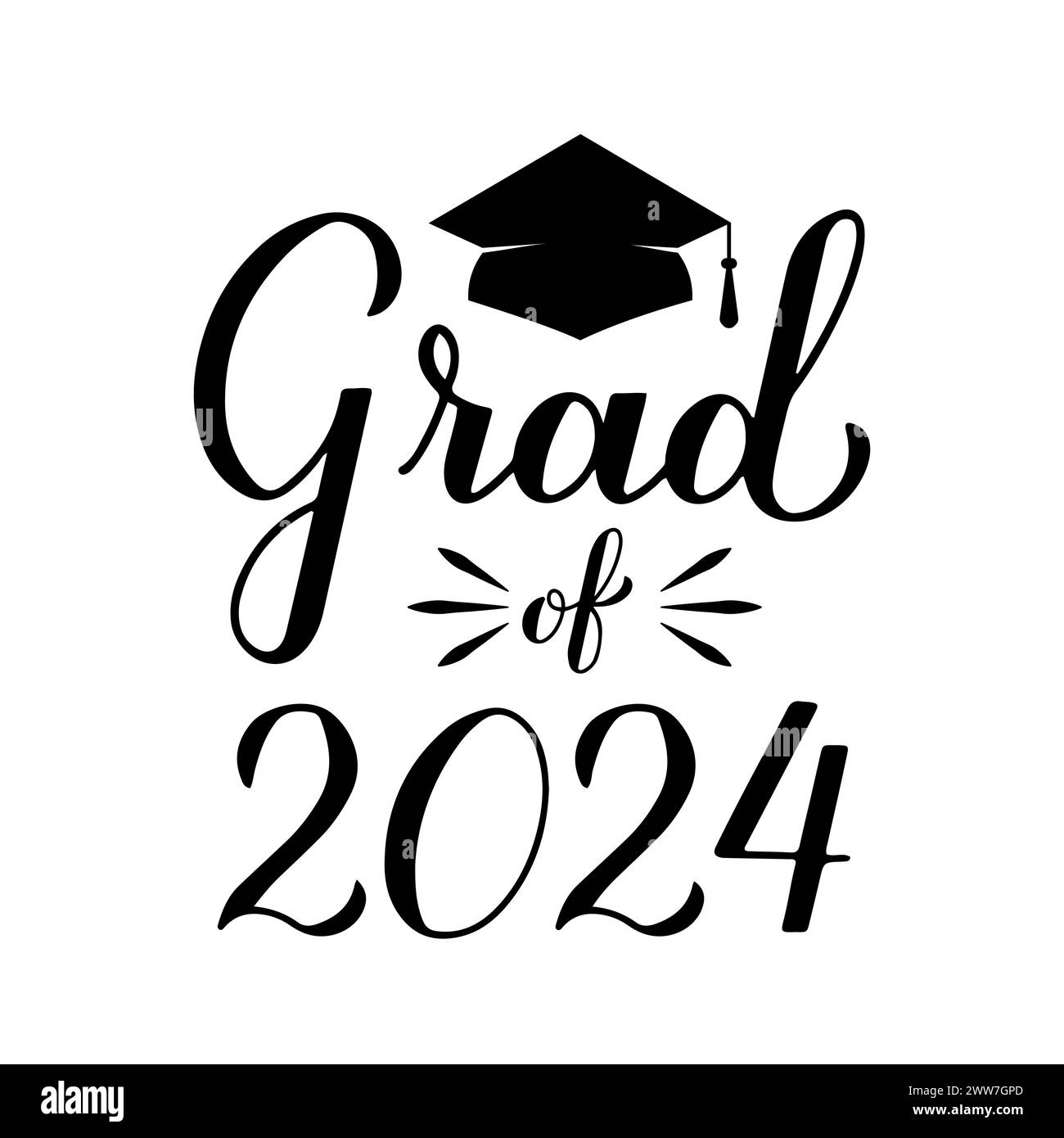 Grad of 2024 lettering with graduation cap isolated on white. Graduates