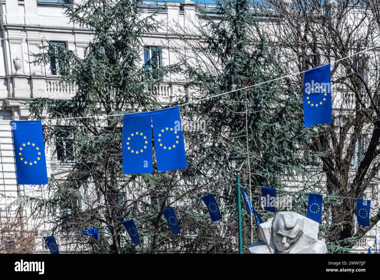 Sarajevo displays EU flags on the streets in hopeful anticipation of accession talks Stock Photo