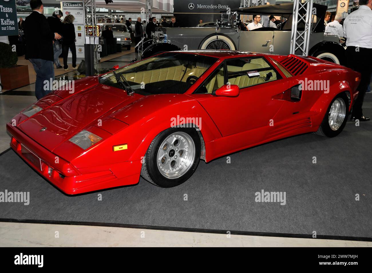 RETRO CLASSICS 2010, Stuttgart Messe, Red sports car, Lamborghini, with flat design and eye-catching wings in an exhibition, Stuttgart Messe Stock Photo