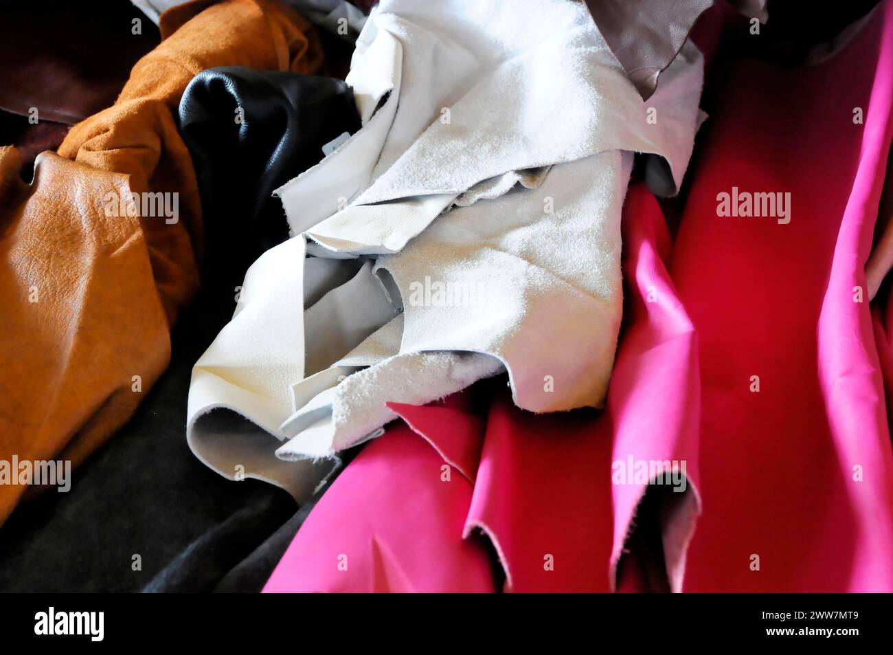 RETRO CLASSICS 2010, Stuttgart Messe, pile of colourful leather and fabric pieces with different textures layered on top of each other, Stuttgart Stock Photo