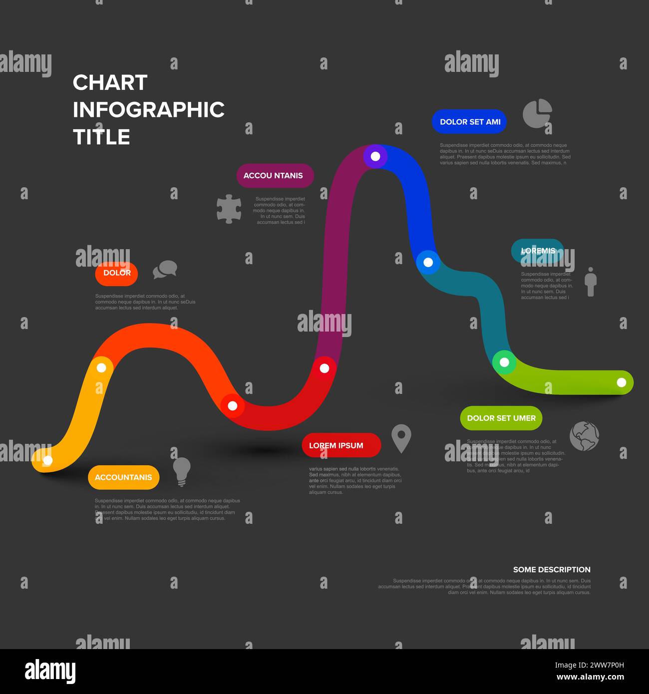 Simple graph timeline template made of rainbow color thick line