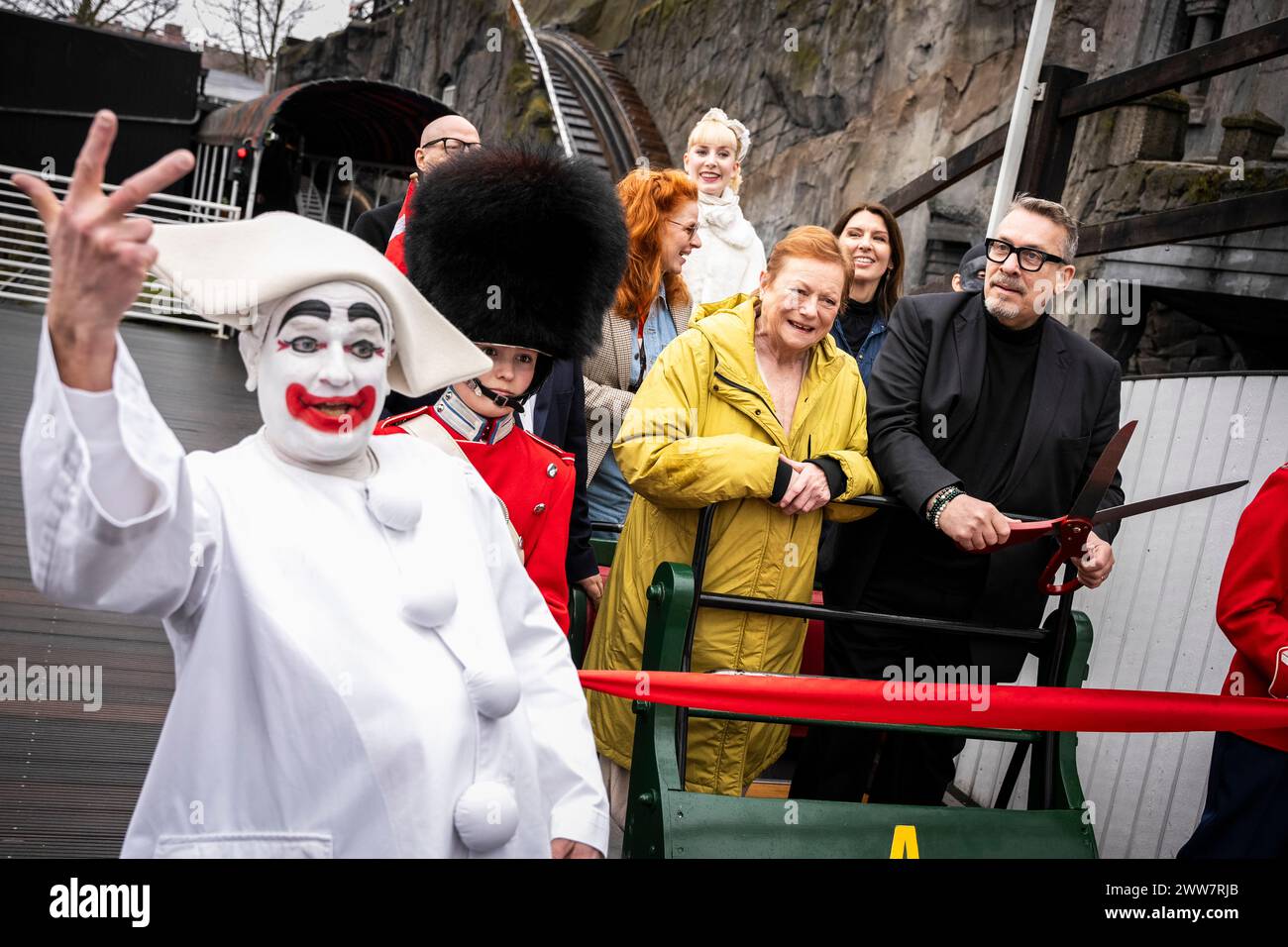 The Tivoli cabaret with Lisbet Dahl, Rikke Bilde, Rikke Buch Bendtsen, Thomas Eje and James Price kick off the summer season with a ride on the Roller Coaster on Friday the 22nd of March 2024.. (Photo: Emil Nicolai Helms/Ritzau Scanpix) Stock Photo