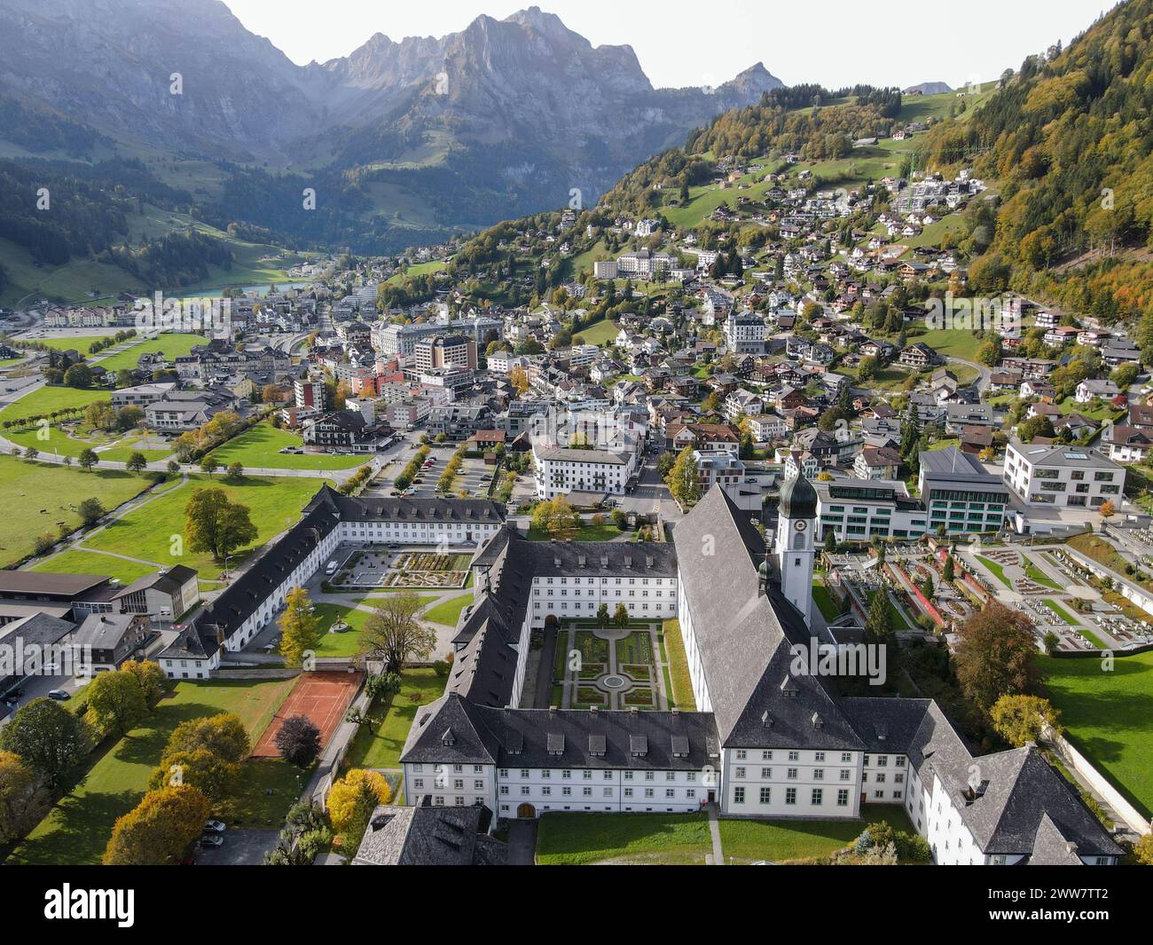 Drone view at a the convent of Engelberg on the Swiss alps Stock Photo ...