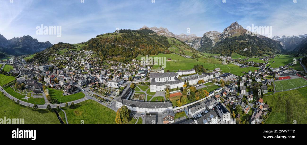 Drone view at a the convent of Engelberg on the Swiss alps Stock Photo ...